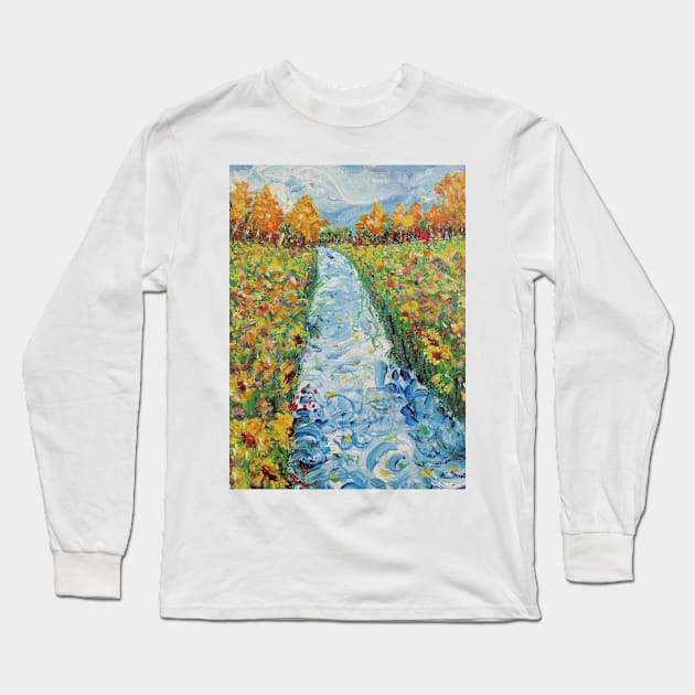 Riverside Sunflowers Long Sleeve T-Shirt by RainbowStudios